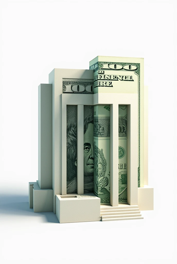 A fedral reserve bank with clear white background , from one side big half 100 dollar note coming from it and half of note is inside fedral reserve bank and half is outside.