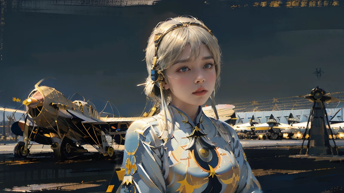 night,Oil painting style,A girl on the back,White hair,(Aviation Museum:1.6),(Upper Body:1.6),(American comic book style:1.2),(fat face:1),(Golden Cheongsam:1.4),(earphone:1.3),(Very serious expression)