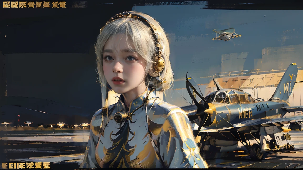 night,Oil painting style,A girl on the back,White hair,(Aviation Museum:1.6),(Upper Body:1.6),(American comic book style:1.2),(fat face:1),(Golden Cheongsam:1.4),(earphone:1.3),(Very serious expression)