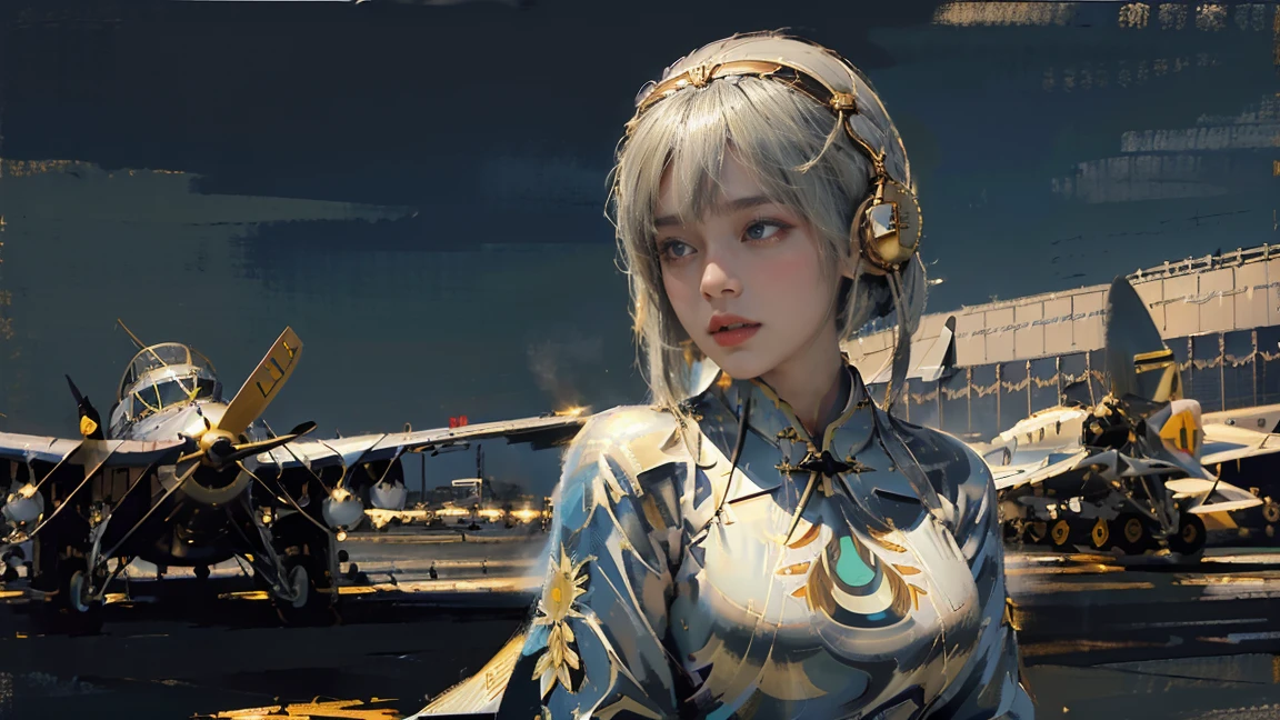 night,Oil painting style,A girl on the back,White hair,(Aviation Museum:1.6),(Upper Body:1.6),(American comic book style:1.2),(fat face:1),(Golden Cheongsam:1.4),(earphone:1.3),(Very serious expression)