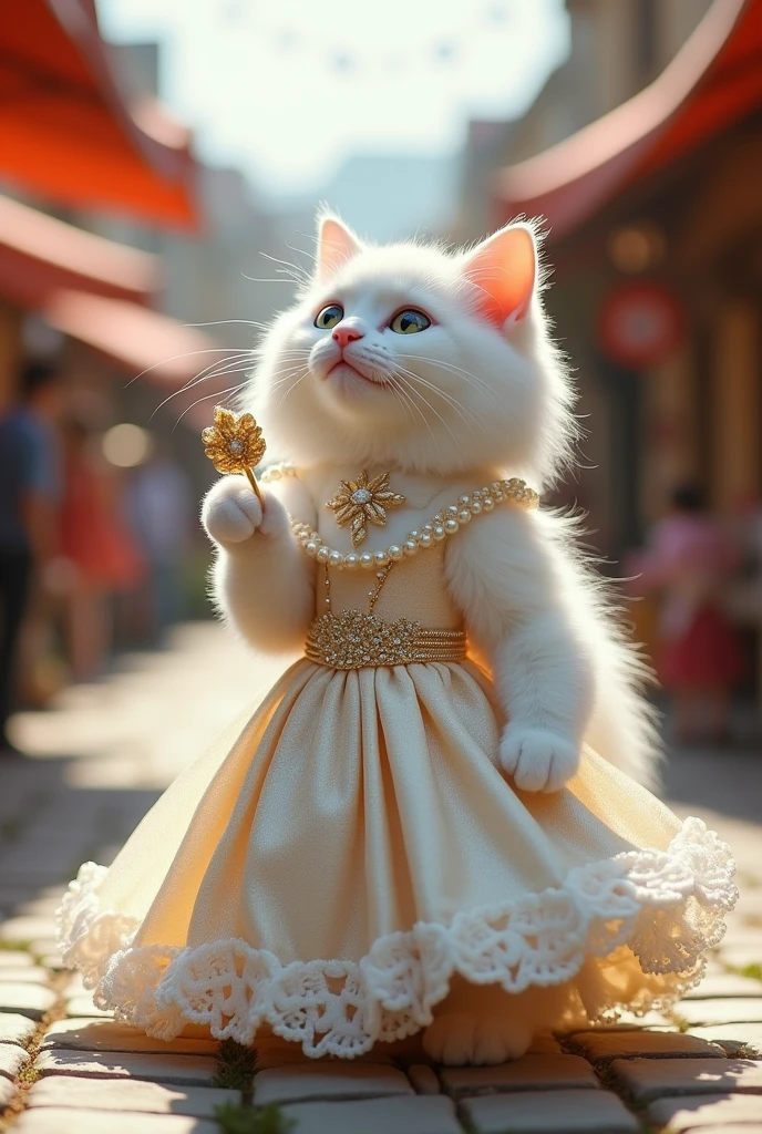 Certainly! Here’s the story of Snowflake the white cat from her perspective:Today was a day full of excitement. I, Snowflake, chose to wear my favorite gown—a delicate creation of shimmering silk, adorned with pearls and silver threads. As I twirled in front of my mirror, I could see the light dance on my dress, making me feel like! My family was already bustling about, each one preparing for our outing. My mother, Grace, wore her elegant, floral ensemble, which matched her warm and nurturing demeanor. My playful brother, Leo, was already full of energy, his bright yellow bow tie bouncing with his every move. Bella, my gentle sister, chose a soft blue dress that complemented her serene nature. Together, we looked like a parade of elegance and joy.We set out for the village market, the cobblestone streets lined with colorful stalls and cheerful vendors. I led the way with my head held high, feeling every bit the queen of the day. The villagers couldn’t help but admire my dress, their kind words making my heart swell with pride.Leo entertained everyone with his playful antics, leaping between stalls and causing giggles all around. Bella and Grace were busy selecting the finest produce, their laughter mingling with the chatter of the market. I felt a deep joy in seeing my family so happy and engaged.As the day drew to a close. As the day drew to a close, we made our way back home, our bags filled with the day’s treasures. I felt a sense of contentment that no dress could ever surpass. Being surrounded by my loving family was the greatest joy of all., !At home, we gathered by the fireplace, our hearts full and our spirits high. The warmth of the flames reflected the warmth within us, reminding me that the true beauty of the day wasn’t in my gown but in the love and happiness we shared.