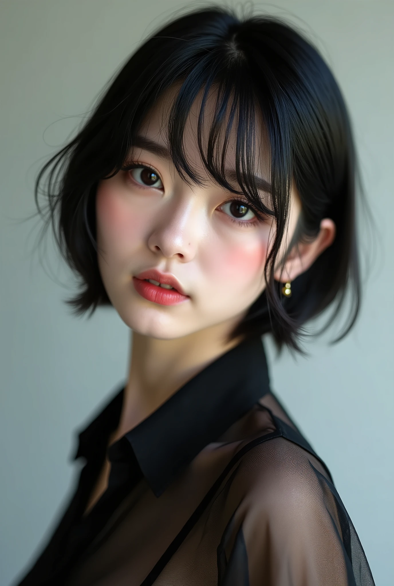 Ultra-high resolution, Superior Quality, Highest quality, Very detailed, Realistic, 8k, RAW Photos, Highest quality, masterpiece, Charm, wonderful, Black short hair, Asymmetrical bangs, Japanese Idols, Sophisticated, stylish, Stylish sheer shirt coordination,Realistic skin texture