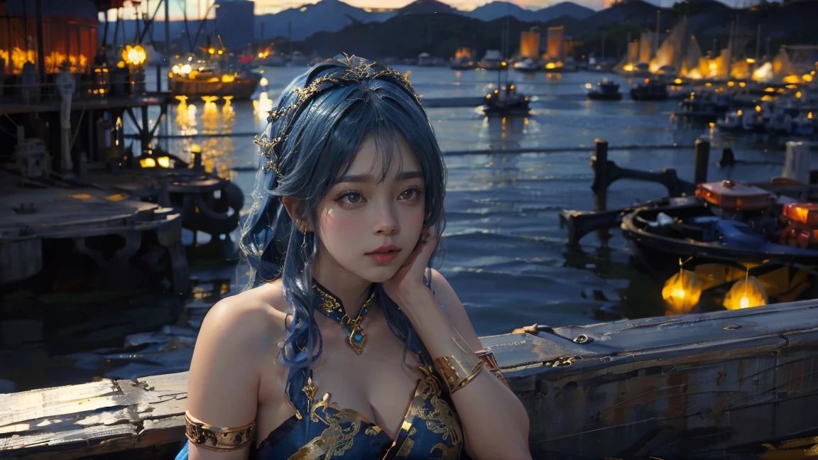 (The huge harbor in the background:1.5),Oil painting style,The girl is on the other side,,Gold headdress,(Blue medium hair:1.2),Late Night,(Blue cheongsam:1.2),(Metal:1.2),(Fat Face:1.2),(Upper body:1.),(Blue armlet:1.1),Crimson lips,With bangs