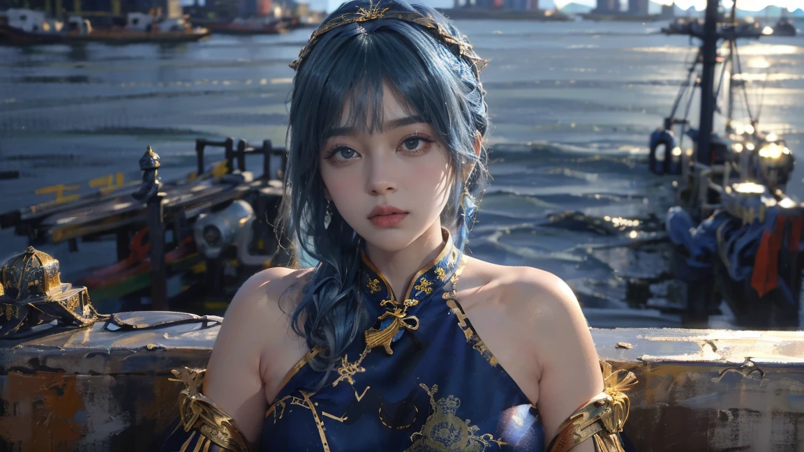 (The huge harbor in the background:1.5)，Oil painting style,The girl is on the other side,,Gold headdress，(Blue medium hair:1.2)，Late Night,(Blue cheongsam:1.2),(Metal:1.2),(Fat Face:1.2),(Upper body:1.),(Blue armlet:1.1),Crimson lips,With bangs
