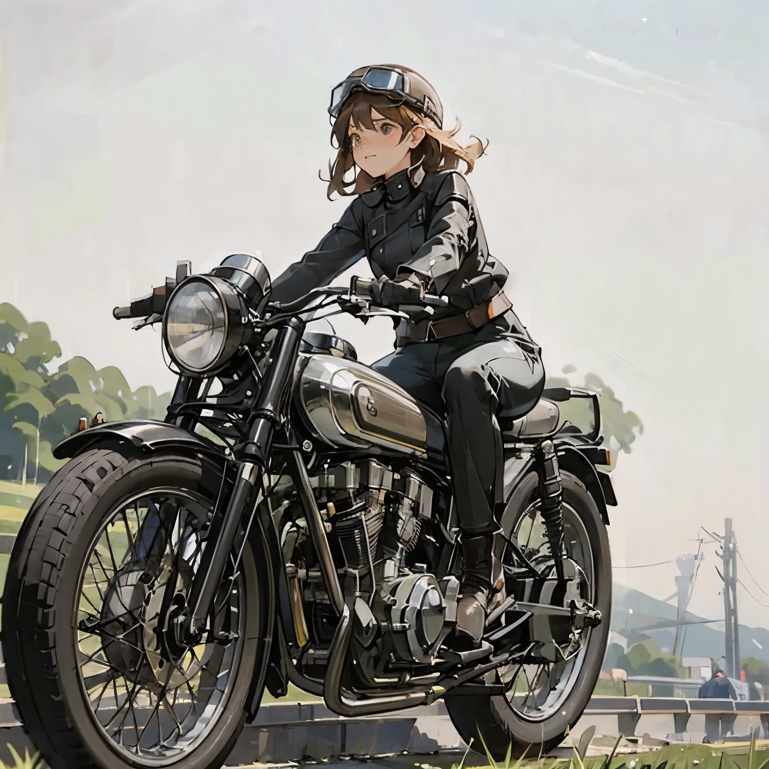 (A young female rider speeds along on a motorcycle)、Vintage Bikes、Bluff Superior SS100、Isle of Man Races、Leather jumper、Cromwell helmet with goggles、After the Rain、English countryside、(Highest quality, masterpiece, High resolution)、8k、wallpaper