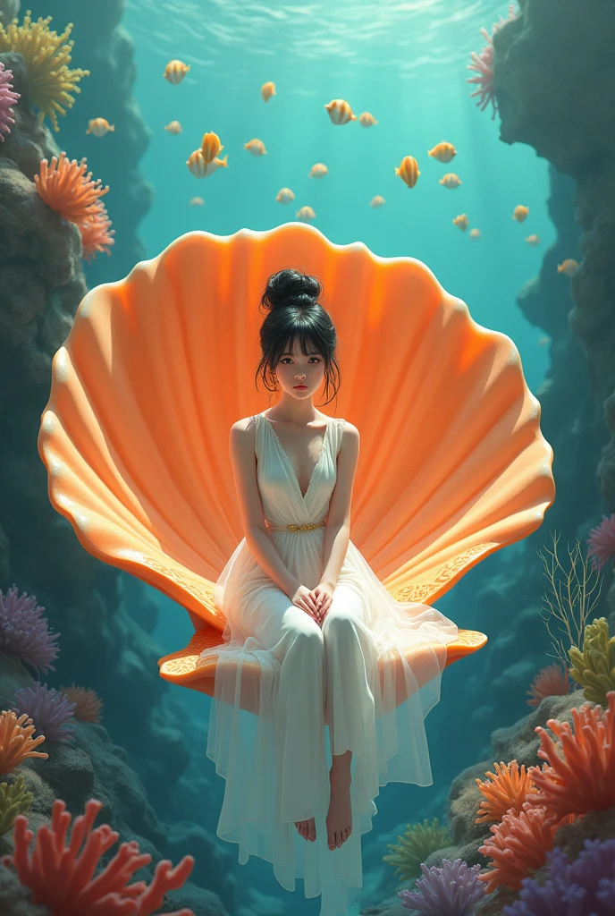 The image is a digital illustration of a young woman sitting on a large orange scallop shell. She is wearing a translucent white dress. Her hair is styled in a high bun and she is looking directly at the camera with a serious expression. The background is an underwater scene with coral reefs and fish swimming around. The overall mood of the image is peaceful and serene.