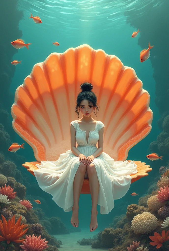 The image is a digital illustration of a young woman sitting on a large orange scallop shell. She is wearing a translucent white dress. Her hair is styled in a high bun and she is looking directly at the camera with a serious expression. The background is an underwater scene with coral reefs and fish swimming around. The overall mood of the image is peaceful and serene.