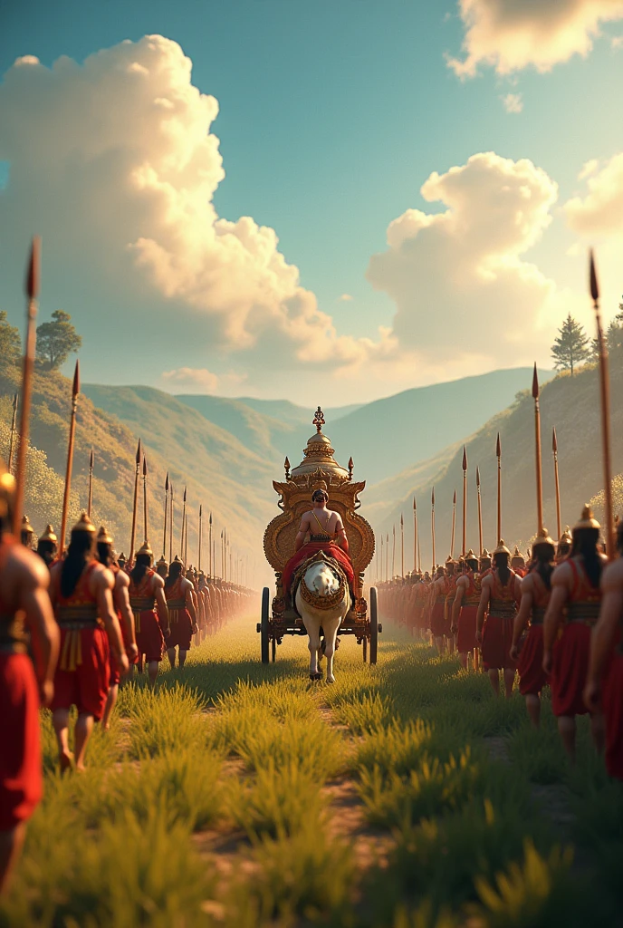 In cenamatic 3d cartoon style A panoramic view of the battlefield of Kurukshetra, with two vast armies positioned on either side and the chariot of Arjuna and Krishna in the center.