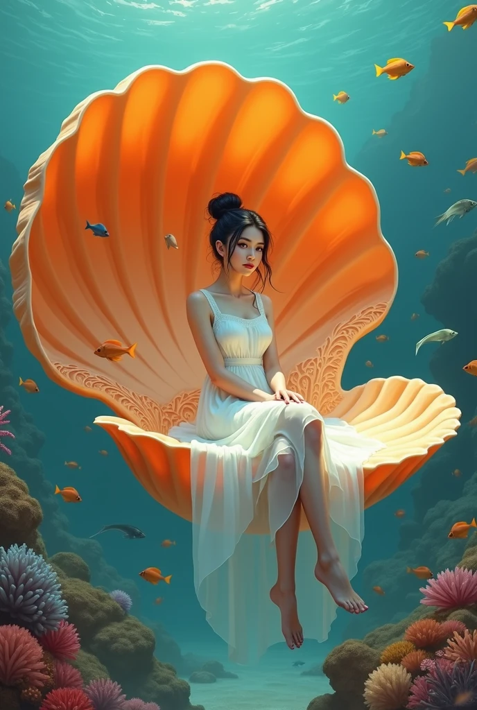 The image is a digital illustration of a young woman sitting on a large orange scallop shell. She is wearing a translucent white dress. Her hair is styled in a high bun and she is looking directly at the camera with a serious expression. The background is an underwater scene with coral reefs and fish swimming around. The overall mood of the image is peaceful and serene.
