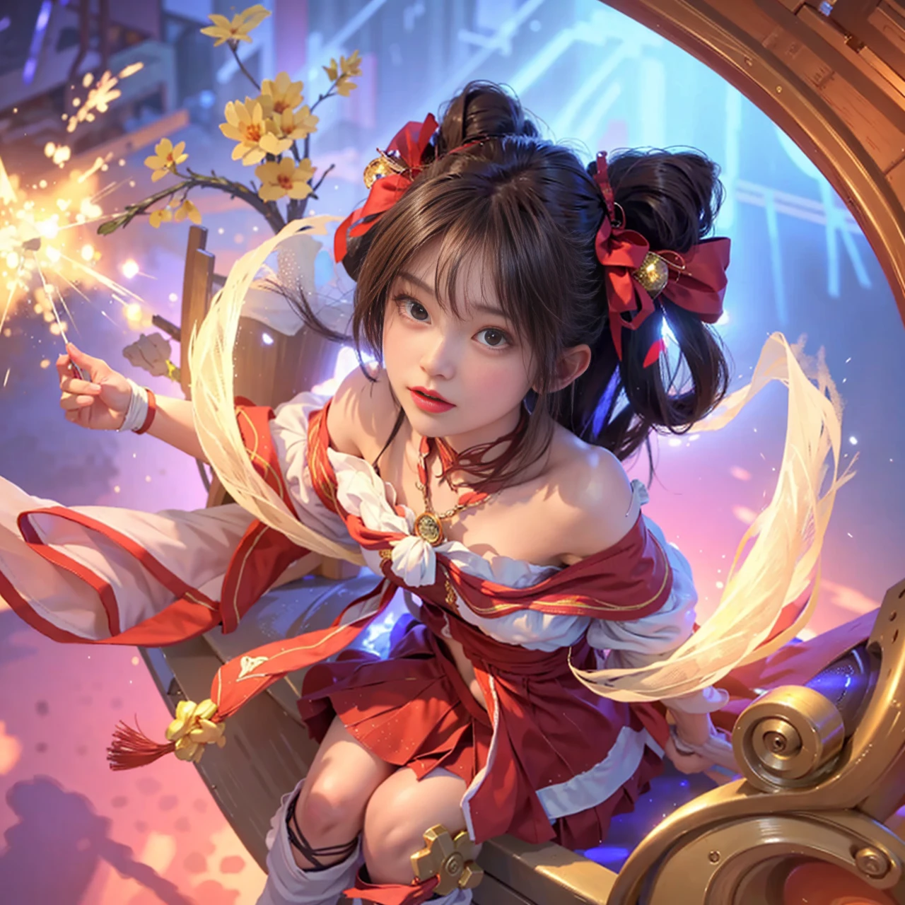 Best Quality, 超A high resolution, masutepiece, (Photorealistic:1.4), Solo Focus, (Slender body huge breasts young woman:1.photography, (Medium Wide Shot Cropped Leg:1.3), Three Quarter View Pose, (Cinematic lighting:1.2), Vibrant, Vivid Color, Detailed face, Detailed eyes, Random hairstyle, (off shoulder shirt, Mini skirt:1.2), (random place, Random seasons, Random weather:1.1)