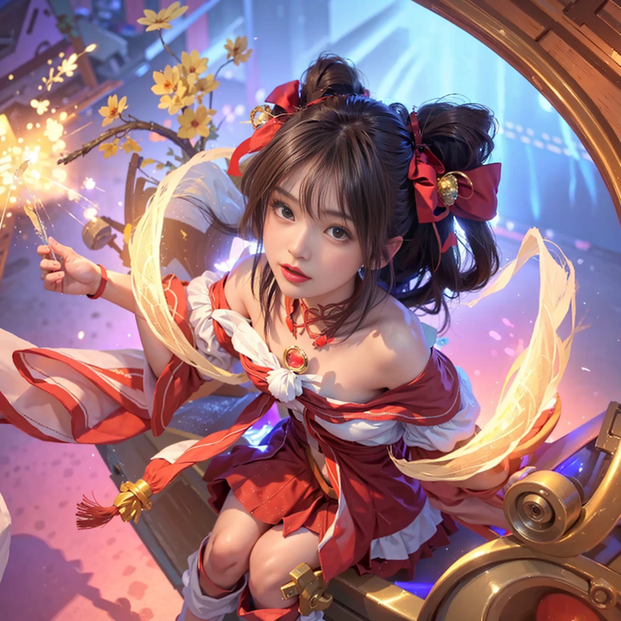 Best Quality, 超A high resolution, masutepiece, (Photorealistic:1.4), Solo Focus, (Slender body huge breasts young woman:1.photography, (Medium Wide Shot Cropped Leg:1.3), Three Quarter View Pose, (Cinematic lighting:1.2), Vibrant, Vivid Color, Detailed face, Detailed eyes, Random hairstyle, (off shoulder shirt, Mini skirt:1.2), (random place, Random seasons, Random weather:1.1)