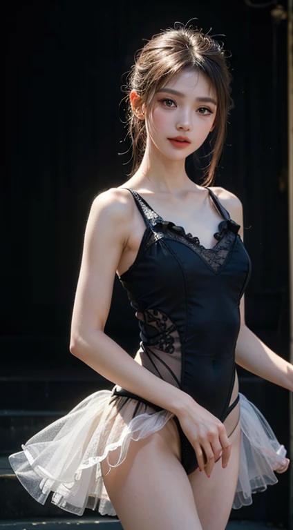 ((Highest quality)), ((masterpiece)), (detailed), Captivating Gaze, レオタードballetの人物, cute, 非常にdetailedな, 超High resolution, Kodak Vision Color,Shooting with LT camera,Highest quality, 8k, High resolution, 1 person, (Professional Lighting),、thin、ballet。ballerina。Soft lighting and excellent shadow representation、Expressing an emotional and romantic atmosphere。Be enchanted by the subtle details and vibrant colors of gorgeous frilly light blue opera tutus and leotards.。Great stage backdrop.Finished face、European women、Gray Hair、Medieval European streets