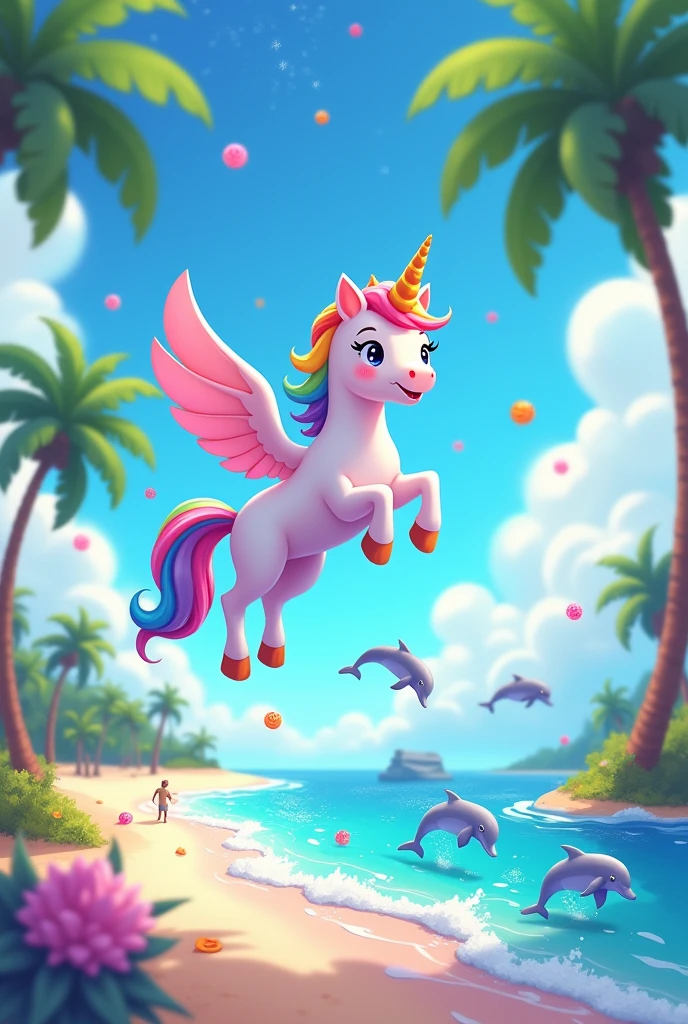 kwaii unicorn flying with a beach and jumping dolphins and candy