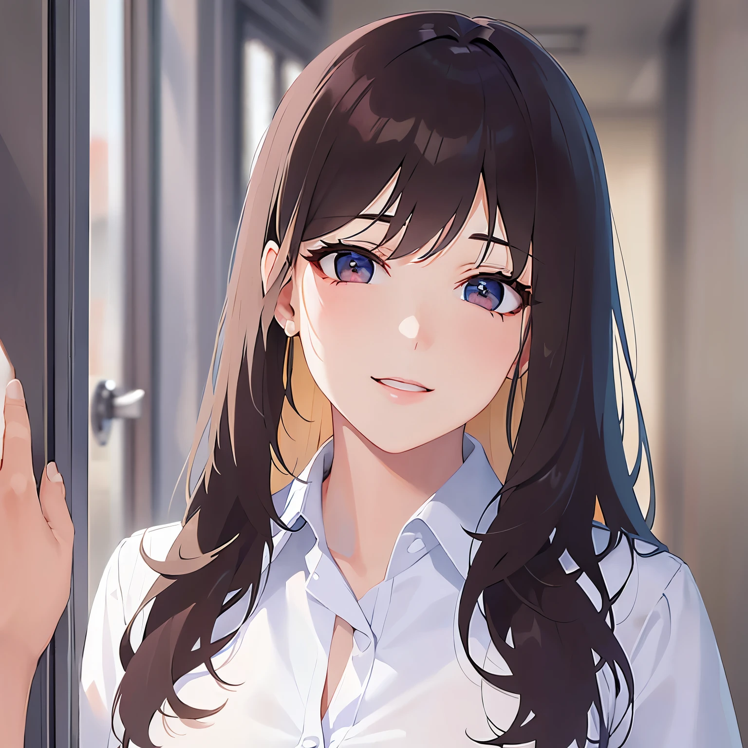 (looking at viewer:1.5)Upper Body,
Realistic, real person, (pale skin: 1.2), RAW photo, photorealistic, shiny skin, shiny hair、(A 25-year-old woman with medium-length hair and bangs) and (wavy hair) and (brown hair) and (orange eyes) ,
(Wearing a business suit:1.5) and (Wearing a white collared shirt)、
smile, The background is an office hallway、(alone;1.5)
