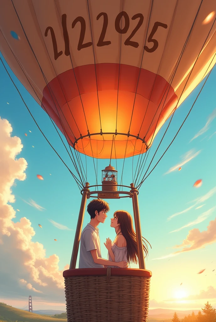 High quality photography, of a couple in love, Both are 1, the man and woman couple, They are in a balloon that has the date 2/12/2023 Anime Drawings 