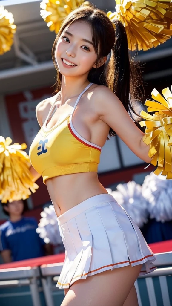 (masterpiece,Highest quality,Ultra-high resolution),One Japanese woman, (((Very beautiful girl))), cute、Look at the photographer､  (()), とてもcute顔, Natural smile、 Natural Makeup, Shiny and smooth hair､,  Perfect limbs, Perfect Anatomy,(((Shining cheer uniforms,Cheerleader,Cheerleader,Tube top))))Stadium,Wet with sweat,(((Tube top)))Big Breasts,Dynamic pose、Sweaty、Flushed Cheeks、 (A big bust that seems to burst:1.20),(Beautiful Big 1:1),,(((汗かき)))