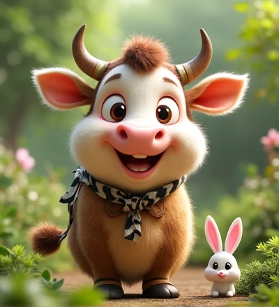 Imagine a lifelike little cow with humorously exaggerated features, oversized, dressed in cute clothes, bright eyes and curiosity, smiling, frontal image, smiling bunny, Disney style, capturing natural textures, although its little paws are slightly larger, they are even cuter. The background is a simple garden, with a focus on natural colors and some green plants, creating bright colors, black and white patterns, and small cows