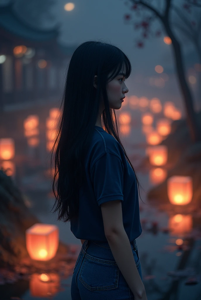 Girl  , 163 height , 57 kg healthy , long black hair, blue loose jeans , dark blue t-shirt , at night in the dark in china there are lanterns burning all around , Small eyes, looks at the lanterns from behind mysteriously



