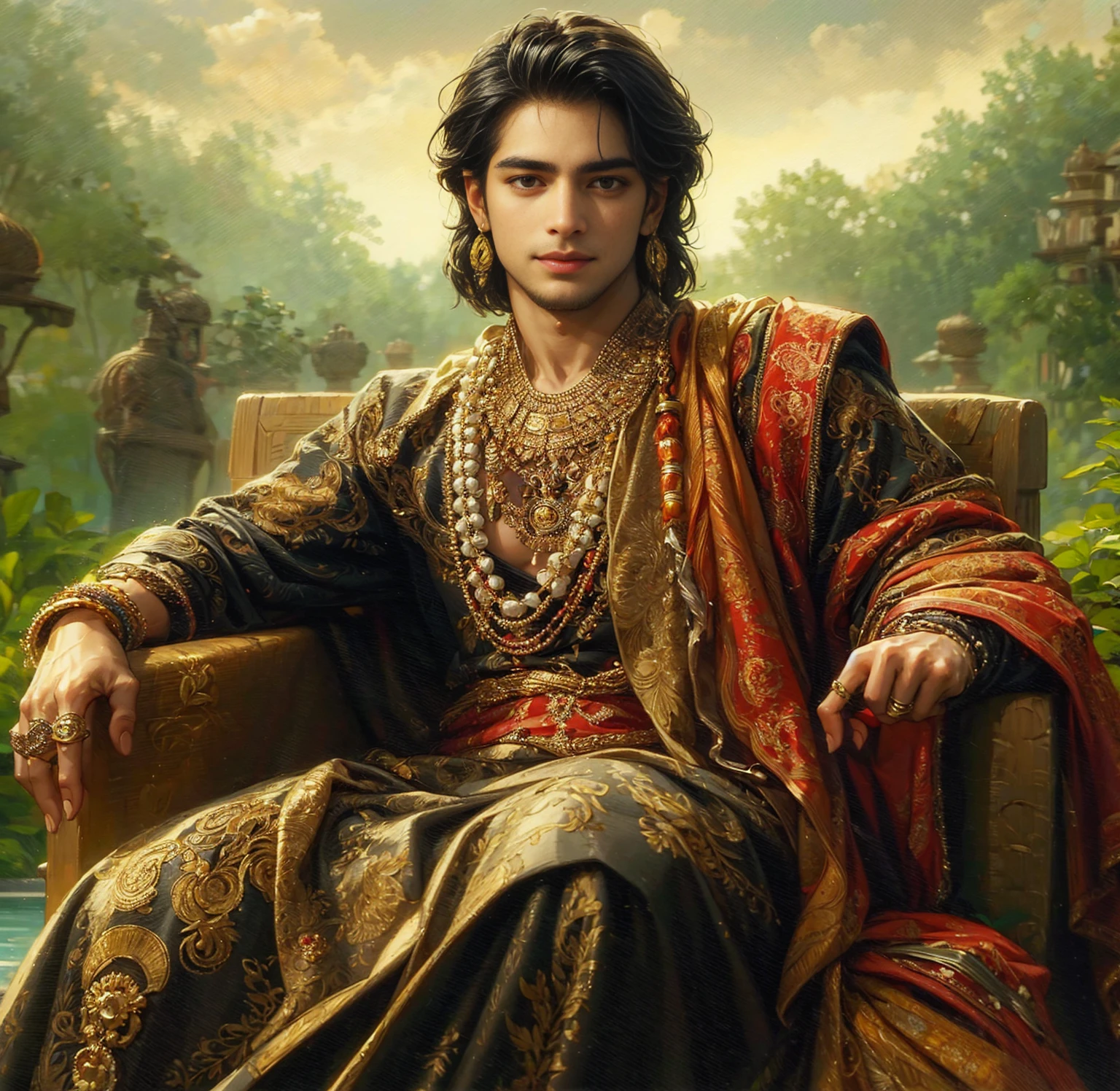 (absurdres, highres, ultra detailed, HDR), masterpiece, best quality, ancient Indian costume, handsome man, black hair, well build body, fascinating surrounding, bare chest,handsome boy, wide eyes, anime eyes, detailed interior, realistic same hair, small smile, traditional Hindu outfit, realistic same background nature, calm face, realistic light, realistic shadow, realism, hyper realism