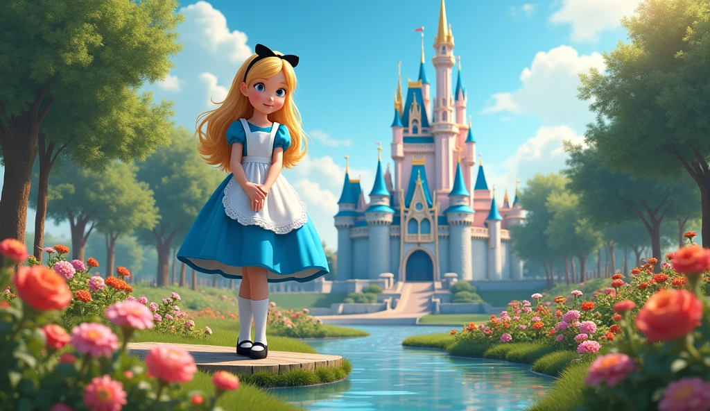 (masterpiece), (best quality), (extremely detailed), alice liddell, blue dress, white apron, black hairband, white long socks, cute pose, in a flower garden, (pond), (((disney castle at the background))), (blue sky), (sunny day), 3d. Illustration, Good Highlights, Perfect Proportions, dynamic, Professional, Award winning, (high detailed skin), (high detailed face), photorealistic, HDR, ultra highres, absurdres, perfect body shape, cute smiling