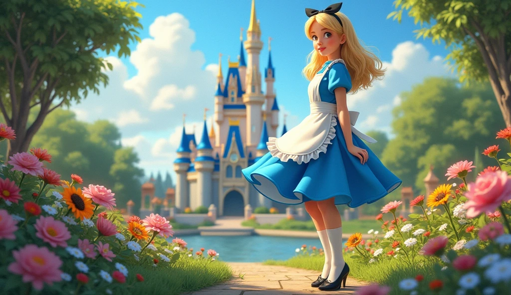 (masterpiece), (best quality), (extremely detailed), alice liddell, blue dress, white apron, black hairband, white long socks, cute pose, in a flower garden, (pond), (((disney castle at the background))), (blue sky), (sunny day), 3d. Illustration, Good Highlights, Perfect Proportions, dynamic, Professional, Award winning, (high detailed skin), (high detailed face), photorealistic, HDR, ultra highres, absurdres, perfect body shape, cute smiling