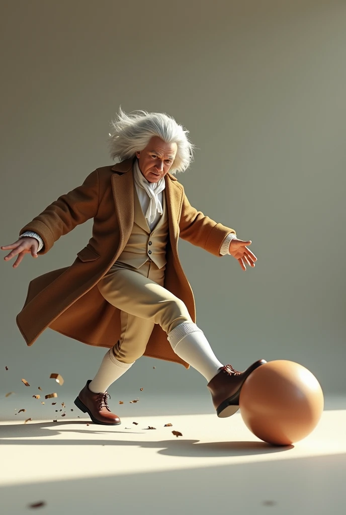 Create Image Image Suggestion: Newton kicks a ball, The ball rolls until it hits the wall..