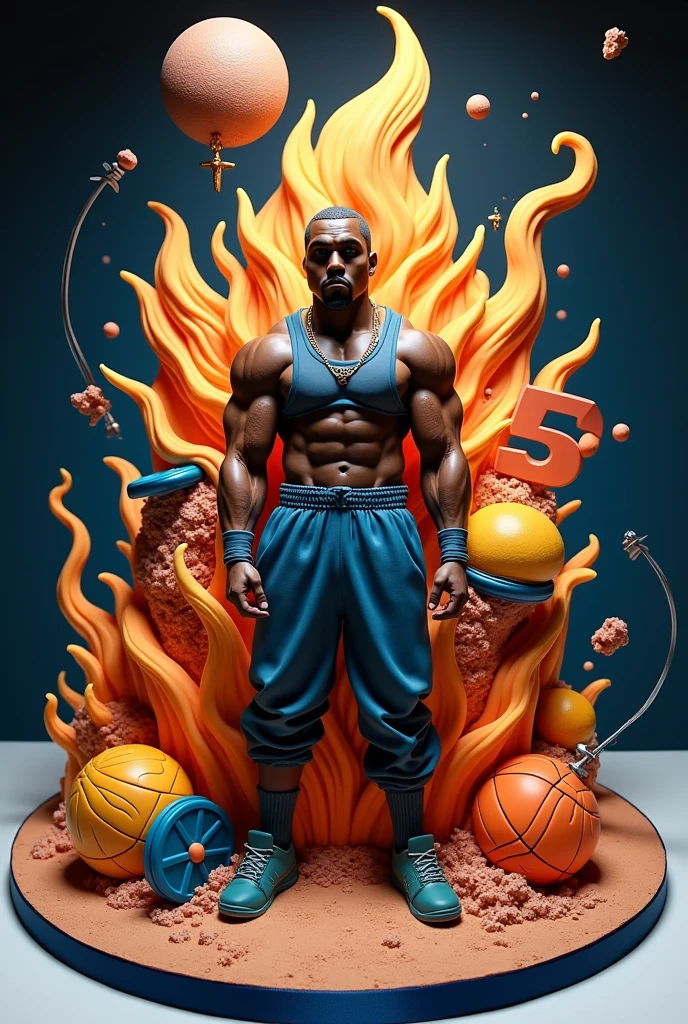 Make a picture of a Kanye West cake with dragon ball with gym stuff with a skeleton and that says 35 arm