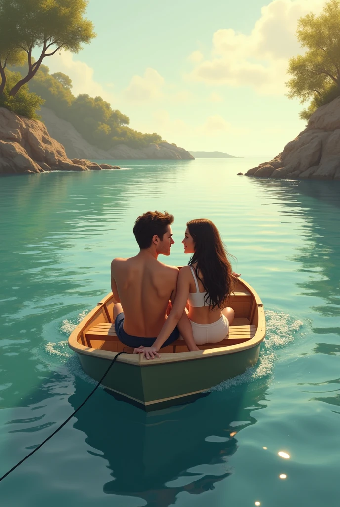 A couple siting on the beautiful boat boyfriend lips Kiss her girlfriend with red rose. Boy wearing a t-shirt wirten his name Romeo and girl wearing a t-shirt writen her name Yana 3d cartoon