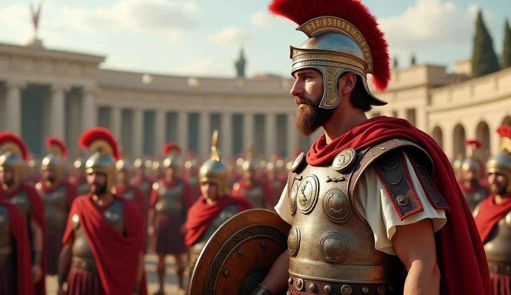 BC 70 years, Leading the attack on Jerusalem, In front of the temple in Jerusalem, Side View, dash pose, scene, Titus, Empire of Roman, standing pose, 30 years-old, handsome,( wave perm , brown hair , Serious, Roman metal helmet , red chicken's crest design), normal body, (An ancient Roman emperor traditional imperial White wear), (Full body armor is leather and emboss of Apron face ), shoulder and arm protector , (Red crock), battle sandal, right hand hold short Sword, left hand hold round shield with emboss, noon ,(Textured skin , HI Detail Skin, (Shorthand, Canon, 8k, Anatomically correct, Super Detail, Attention to detail, Your Highness)