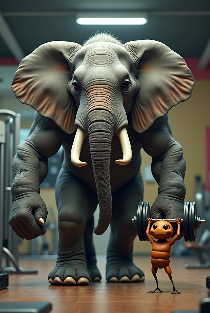 An muscular elephant and an ant are standing shoulder to shoulder in the gym, holding dumbbells in their hands