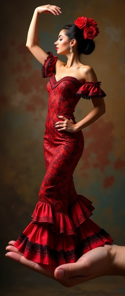 (full body Spanish woman, flamenco dancer) on a hand palm. The woman is dancing on a hand.