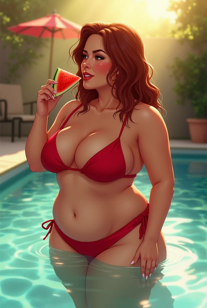 Plus size woman in red bikini, standing back, in pool with drink and watermelon. Art trend. Dreamy illustration. Explained!! Happiness. Ichigo. Take me out of the norm. Afternoon media. wlop::, White and watermelon. Apple. Sunlight burning from above. More realistic aesthetics. Highly detailed, complex, analog wide-angle black and white photography.