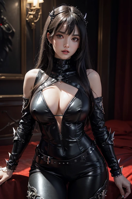 Black Hair, High resolution, Big Tits,Super Breasts,Large Breasts,Saggy breasts,Big white round ass, Plump, Droopy eyes, Showing teeth, Chubby, Brown Hair, bangs, Large Breasts, Underbust, See through, Stick your butt out,Keep your butt up, A jet black bodysuit made from a combination of dark metal and leather,The chest is decorated like black armor with a shining silver demon symbol.,The sharp spikes on the shoulders give it an aggressive look.,Red runes are engraved on her back, further amplifying her dark powers.,Slim-fitting black leather pants with silver chains around the thighs and inscriptions to seal away dark magic,The pants are integrated with the boots, emphasizing the devilish style.,Black metal armor to protect the chest and waist,The armor is adorned with sharp lines and intricate patterns, symbolizing her strength and power.,A deep red ruby is set in the center of the armor, sealing away the demon's soul.,Black high-heeled boots that reach above the knee and have sharp spikes attached all over the boot.,The tips of her boots are decorated with silver, highlighting her strength.,The two sharply curved black horns protruding from her forehead are symbols of the devil and amplify her powers.,The surface of the horn is engraved with intricate runes that attract the power of darkness.,Huge black demon wings spread across his back,Red energy flows around the edges of her wings, and a dark aura floats around her as she moves.,The wings are used for both defense and offense in combat.,A long, thin, black tail with a sharp tip extends from the hips.,The tail has the special ability to absorb light and release darkness, and can also be used as an offensive weapon.,A silver mask covering the eyes,The mask's sharp design enhances her vision and allows her to see enemies in the dark.,A red ruby is set in the center of the mask, amplifying her dark powers.,