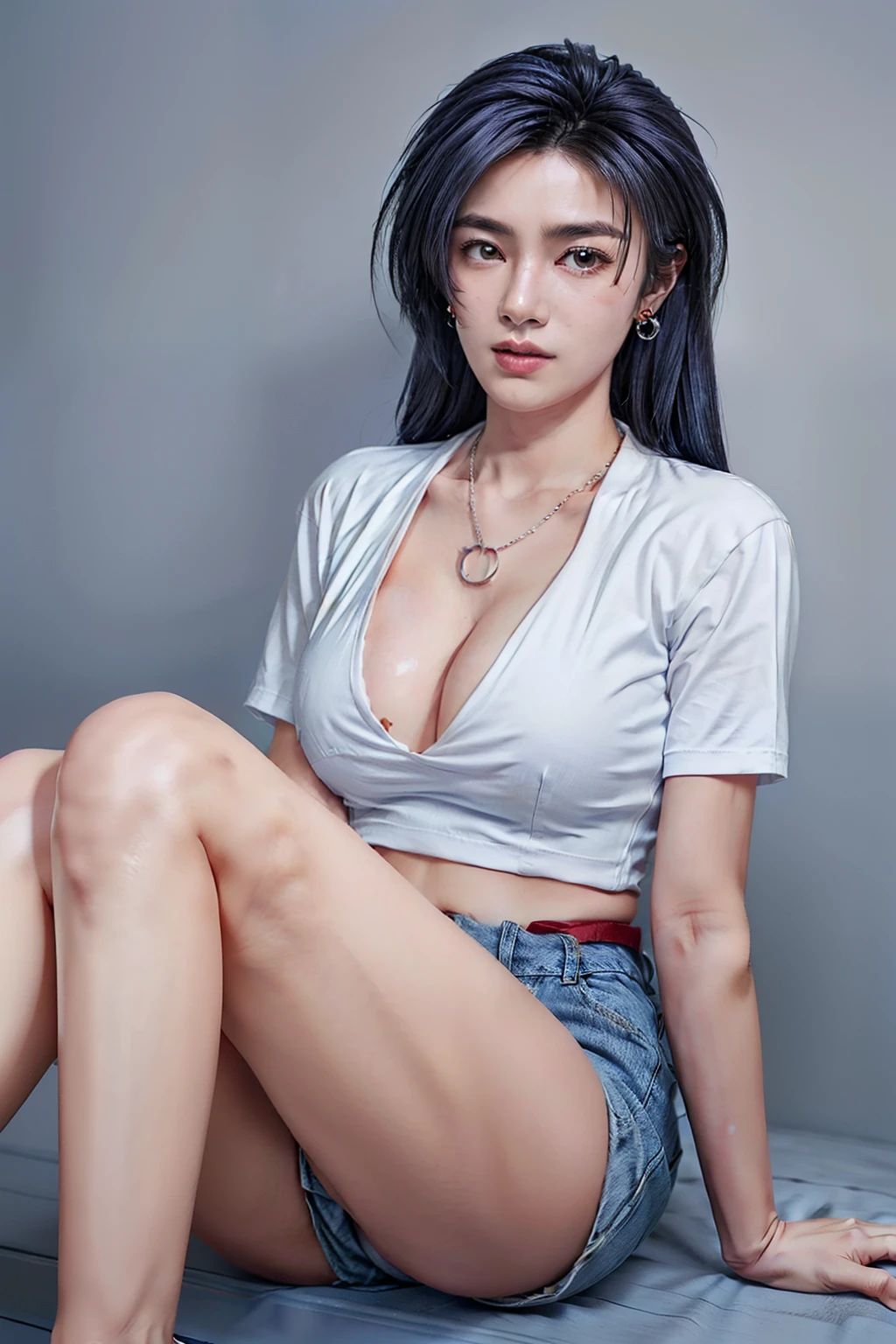 (RAW shooting, Photoreal:1.5, 8k, highest quality, masterpiece, ultra high resolution), perfect dynamic composition:1.2, Highly detailed skin and facial textures:1.2, beautiful and aesthetic:1.2, Fair skin, (large breast:1.4,chest gap:1.4),(perfect limbs:1.2), (perfect fingers:1.2),((sitting with legs crossed:1.7),(1girl, asian,Mio Serizawa,glamour,earrings,necklace,long dark blue hair,tight white shirt,short sleeves,navel,red jacket,belt,tight denim shorts,perfect thigh,sandals),(simple background:1),