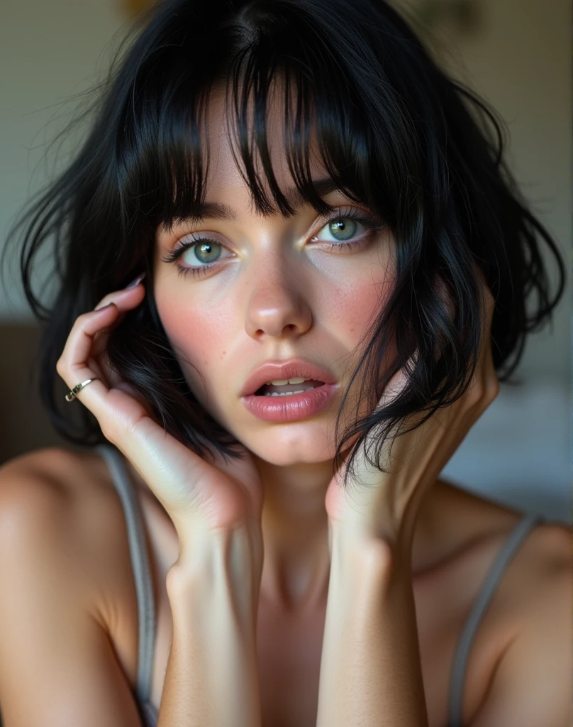 RAW photo, best quality, masterpiece, photorealistic, Polish girl, 20 years old, black hair, Light grey eyes, short bob cut, hair in 7 thirds, hair over one ear, Symmetrical eyes, solo, White skin, Detailed Skin, Detailed face, Big Breasts, rip gloss, blush, wet hair, close-up of face, summer clothes, gel nails, A surprised face, touching her hair with both hands,