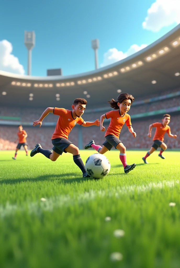 A cartoon football players running around dribbling shoulder to shoulder on the field clear 3d image 
 