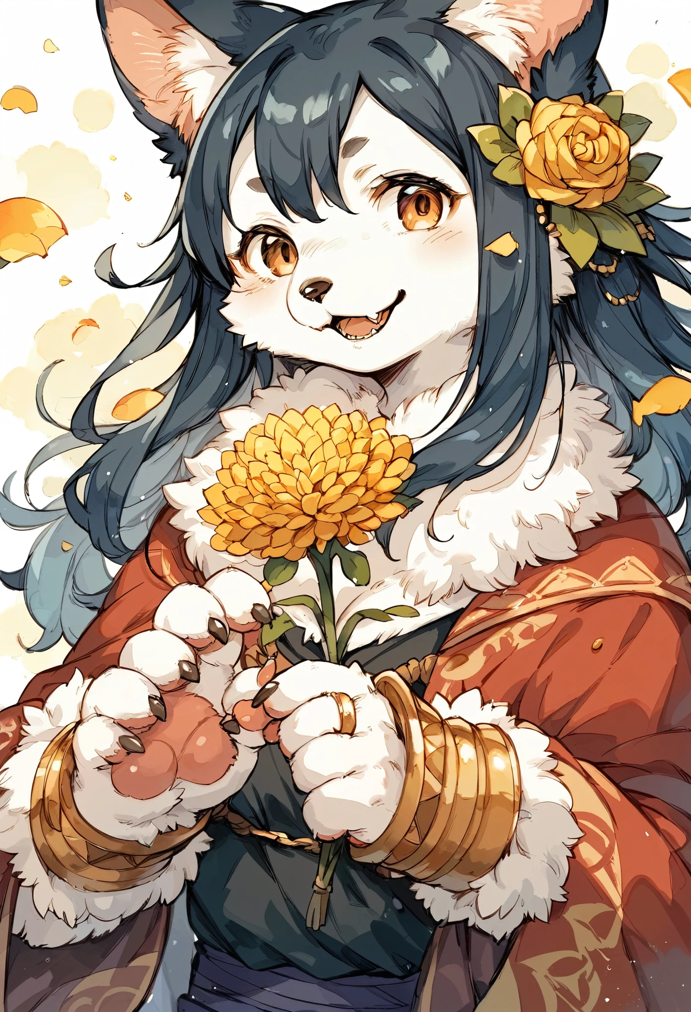rating_safe, score_9, score_8_up, score_7_up, score_6_up, score_5_up, score_4_up, hires, source_furry, cover_page(furry art, uploaded on e621)monochrome, watercolor, 1girl, kemono, furry, detailed body fur, animal face, animal hand, Archaic Smile, holding a cluster of gold flower in both hands, which are positioned at chest level, She is wearing a simple ring on the ring finger of her left hand, unfocused spread of gold flower, fan-created work shared on platforms Pixiv or , Watercolor elements that seem to shift through time,