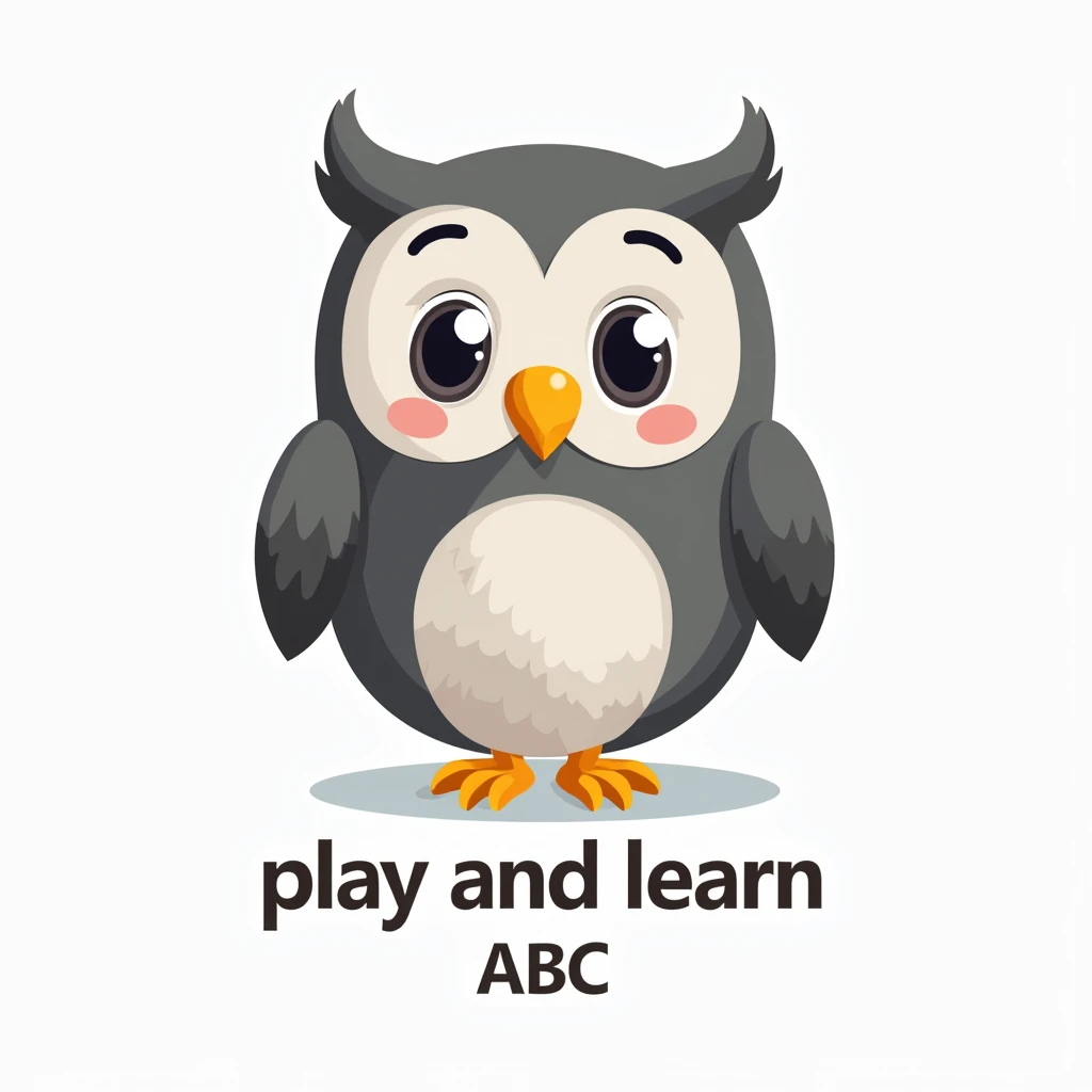 a cartoon gray professor owl in the middle, below is the words "ABC play and learn", designed for children