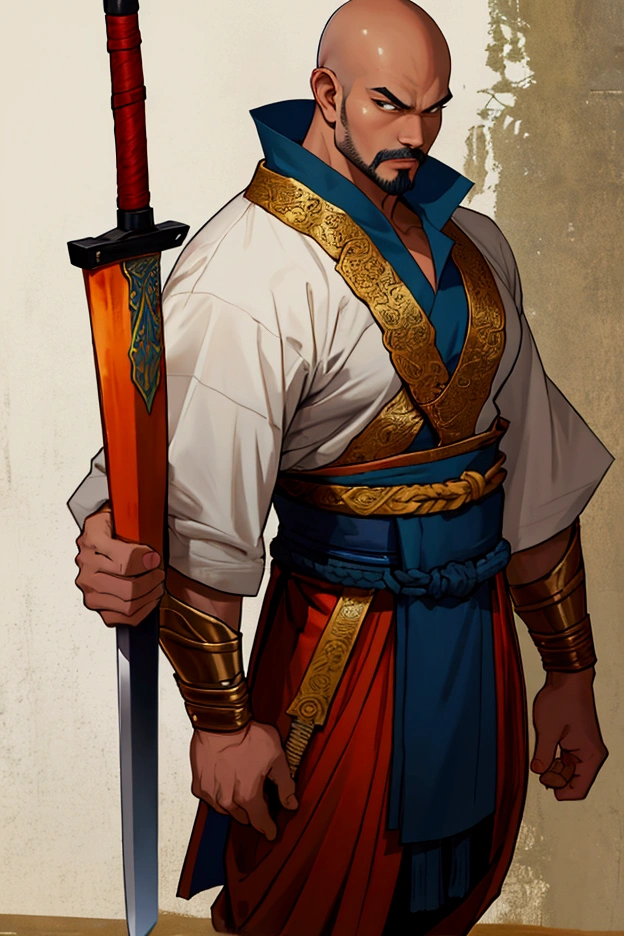 man,Bald head with hair on the sides,Not wearing a shirt,,Put on standing shoes.Thai warrior costume, holding an assassin sword,Ayutthaya ,,chubby,There is a slight mustache..กายเเต่งกายเเบบAyutthaya