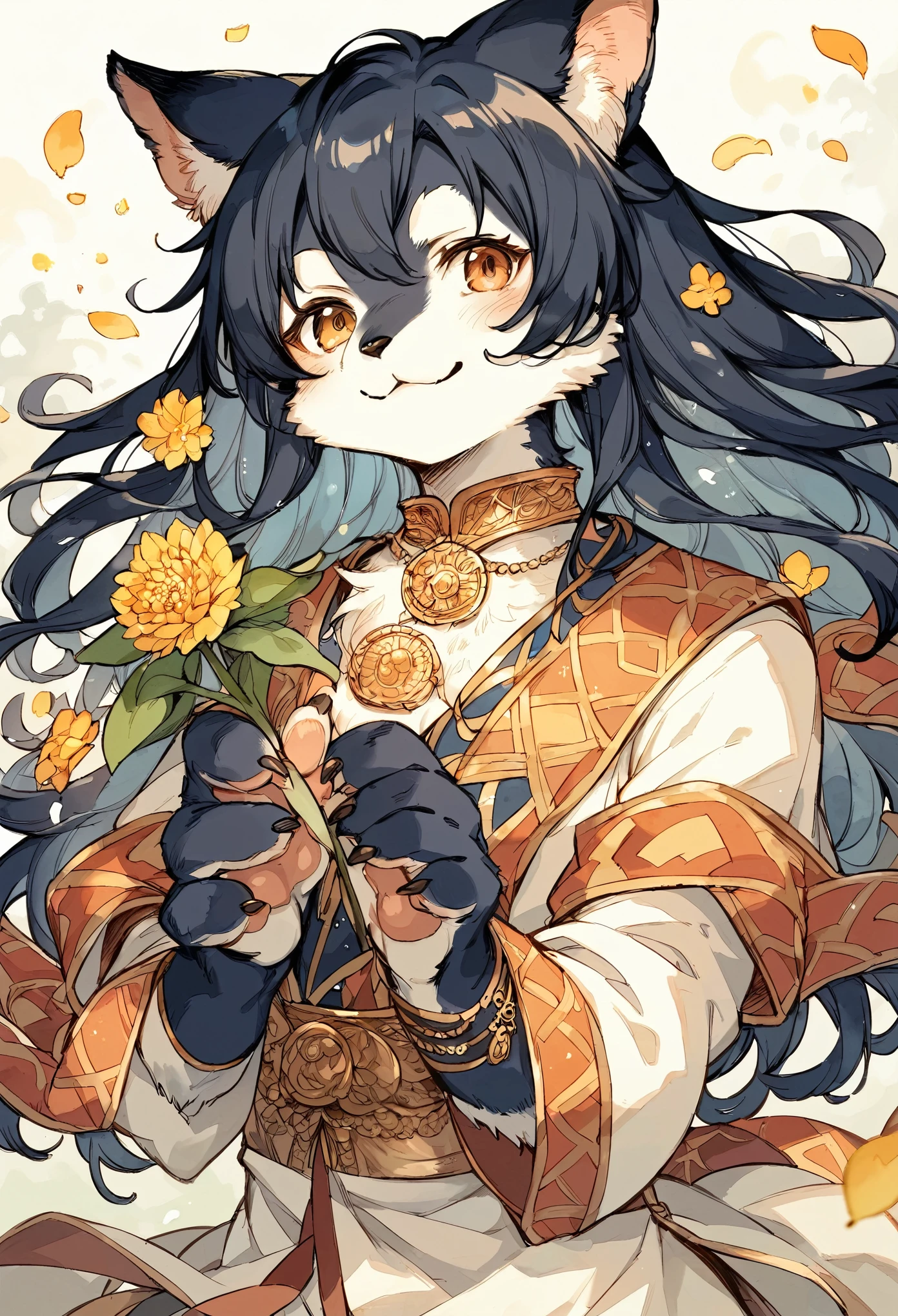 rating_safe, score_9, score_8_up, score_7_up, score_6_up, score_5_up, score_4_up, hires, source_furry, cover_page(furry art, uploaded on e621)monochrome, watercolor, 1girl, kemono, furry, detailed body fur, animal face, animal hand, Archaic Smile, holding a cluster of gold flower in both hands, which are positioned at chest level, She is wearing a simple ring on the ring finger of her left hand, unfocused spread of gold flower, fan-created work shared on platforms Pixiv or , Watercolor elements that seem to shift through time,