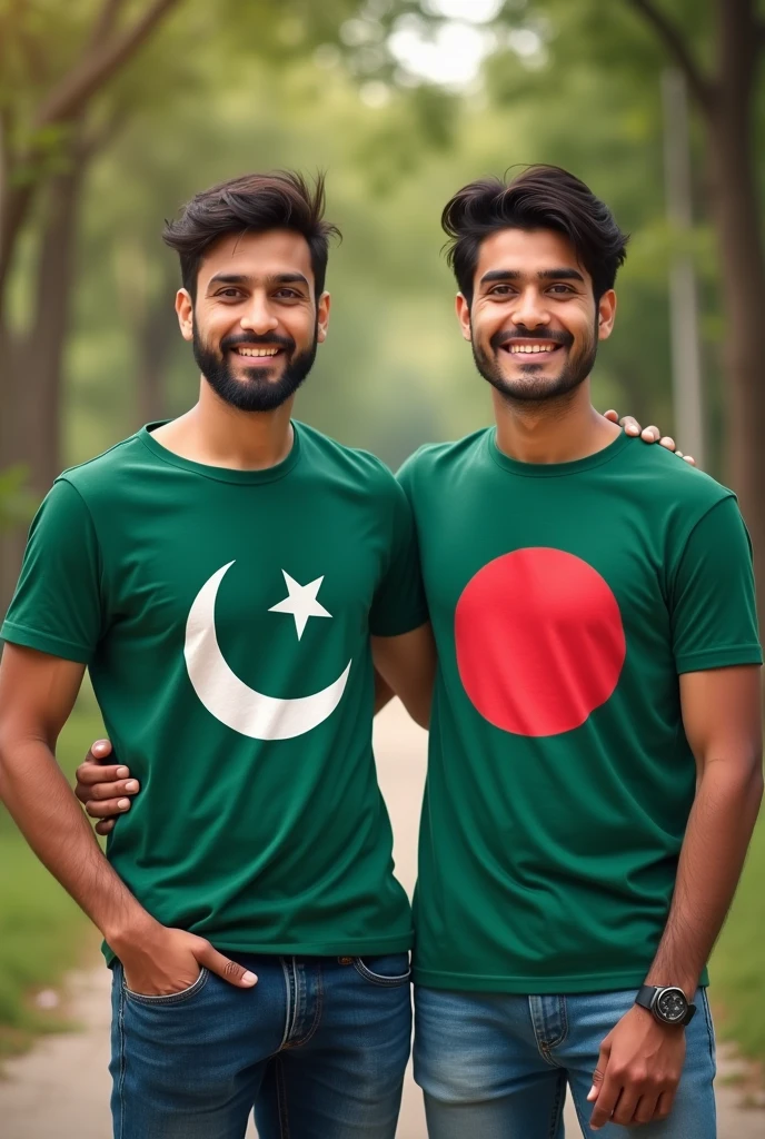 Real Two boy friends wearing t-shirts of Pakistan and Bangladesh are looking at the camera together, the background is good
