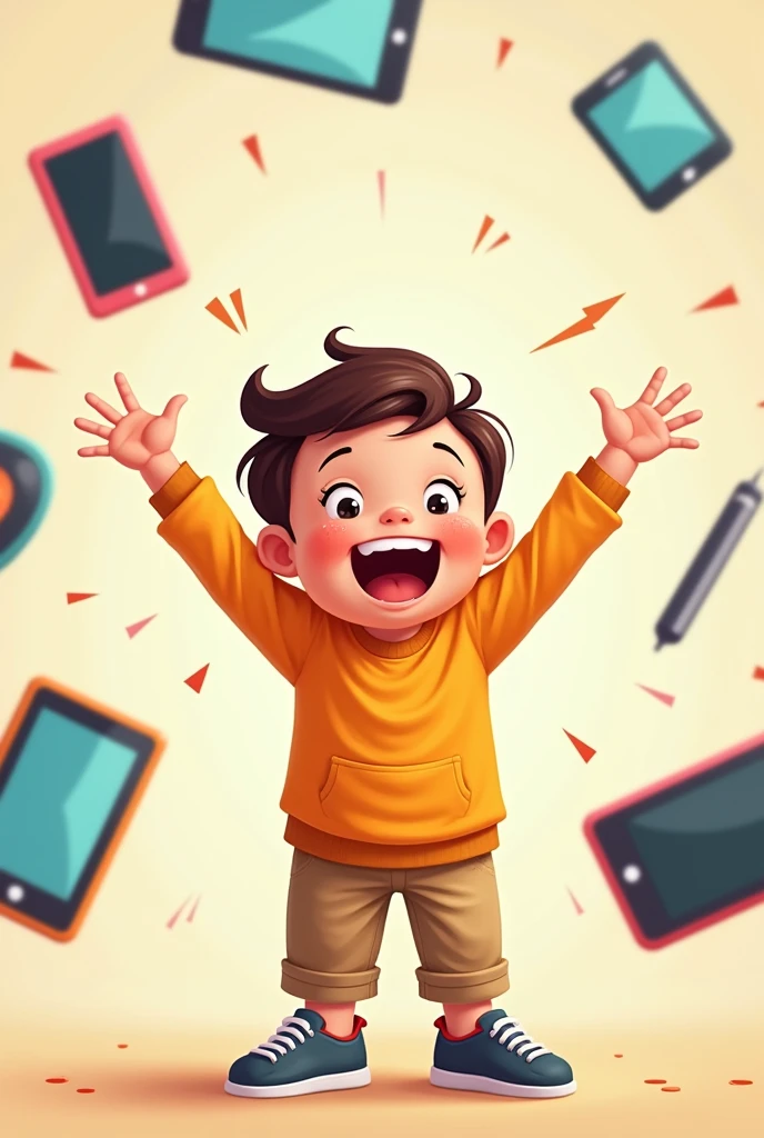 cartoon, A young man of about 2, happy to have won a raffle, opening his arms, and around it various electronic devices. Take out only half of the body