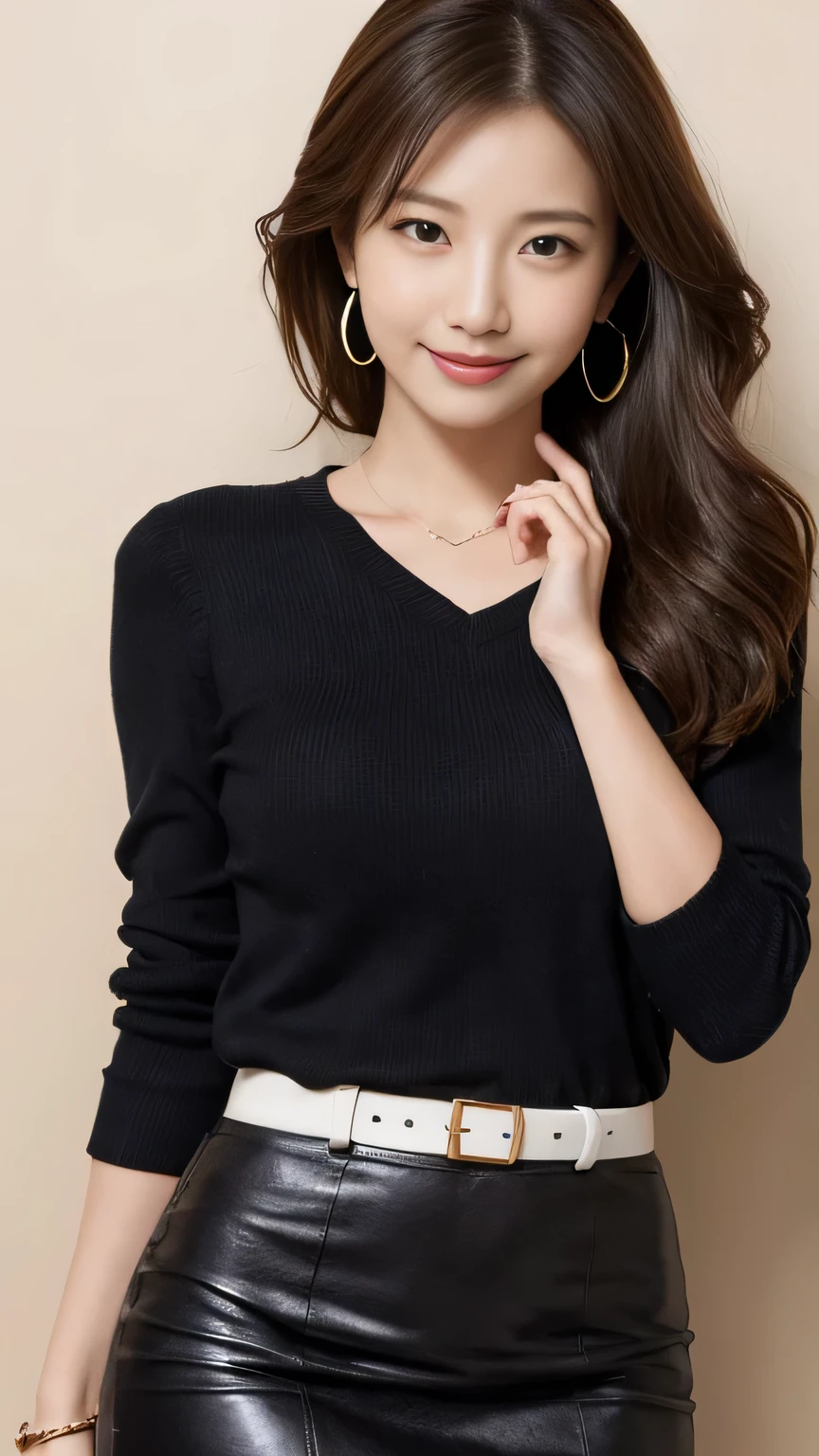 (Highest quality, Flying debris, Realistic photos, Very detailed, Ultra-high resolution, to be born:1.3), (1 female, Beautiful Japanese actresses, 2),  (A shy smile), Detailed face，Flashy makeup using red eyeshadow，Large ring earrings，Light blonde delicate medium cut hair，The tips of the hair are wavy，Elegant hairstyle，Beautiful Eyes, Slender actress，Small breasts,  (mini skirt dress), ( From beh de d), A glimpse of white panties，