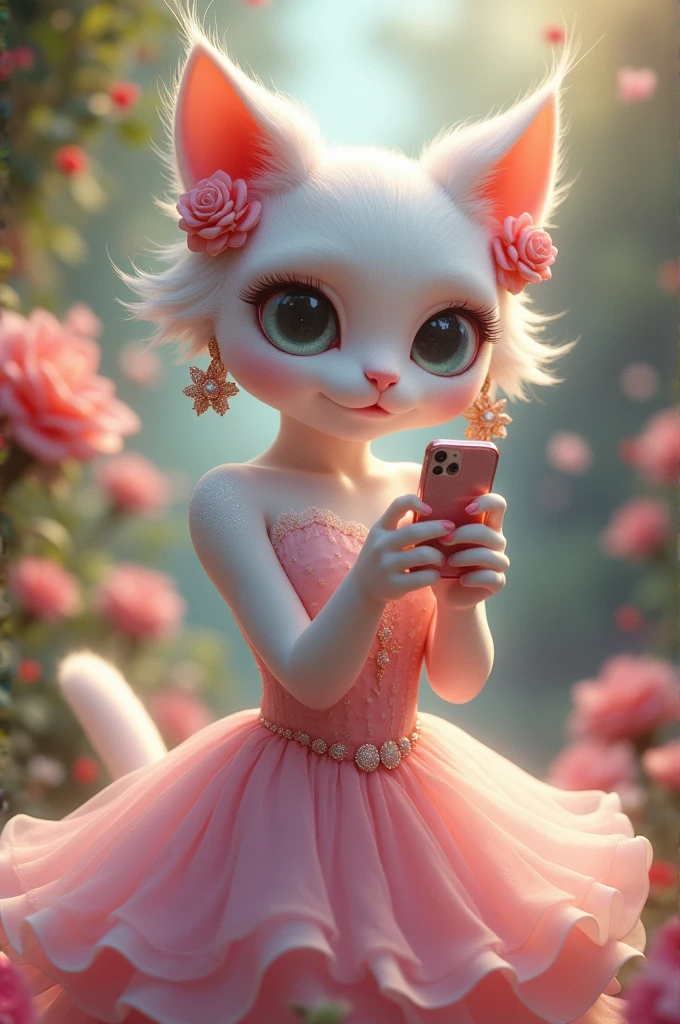 Cat female glitter white skin , frok, pink , flowers earings, phone in hand, taking selfie ,makeup ,in room, bed, eating food