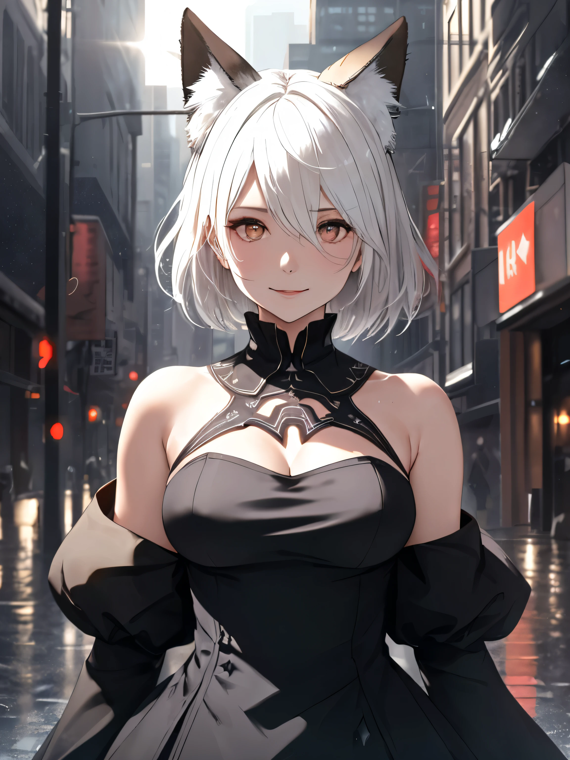 Score_9, score_8_up, score_7_up, real source, ultra-high definition quality, fine details, sun, lens flare, backlighting, holy light, one girl, 2B (Nier: Automata) solo, two breasts, short hair, dress, bare shoulders, medium breasts, closed mouth, upper body.Body posture: standing straight with shoulders raised, feet slightly apart, and weight evenly distributed on both feet.Arms and hands: hands relaxed at the sides or one hand on the hip.Head and gaze: head directed straight at the camera with a slight forward tilt, focused and confident gaze, white hair, fox ears matching white hair, sleeveless, blurry, black dress, lips, slightly mysterious and seductive smile, wet clothes, depth of field, blurred background, high collar, wet clothes, facing the viewer, rain, bright red sparkling eyes (like stars), street, city, people.