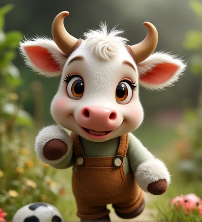 Imagine a lifelike little cow with humorously exaggerated features, oversized, dressed in cute clothes, bright eyes and curiosity, smiling, frontal image, smiling little cow, Disney style, capturing natural textures, although its little paws are slightly larger, they are even cuter. The background is a simple garden, with a focus on natural colors and some green plants, creating bright colors, black and white patterns, and small cows