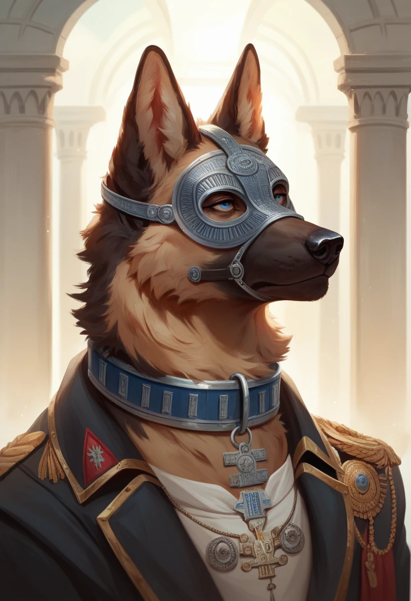 male, German Shepherd, hairy, fur, neutral, blue thongs,collar,Eye mask,Straight eyes,Ancient Rome,Dynamic Lighting, illustration, beautiful, particle (high quality,4K,8K,high resolution,masterpiece:1.2), Extremely detailed, Impressionism:rich and colorful,Southwestern Financial Group
