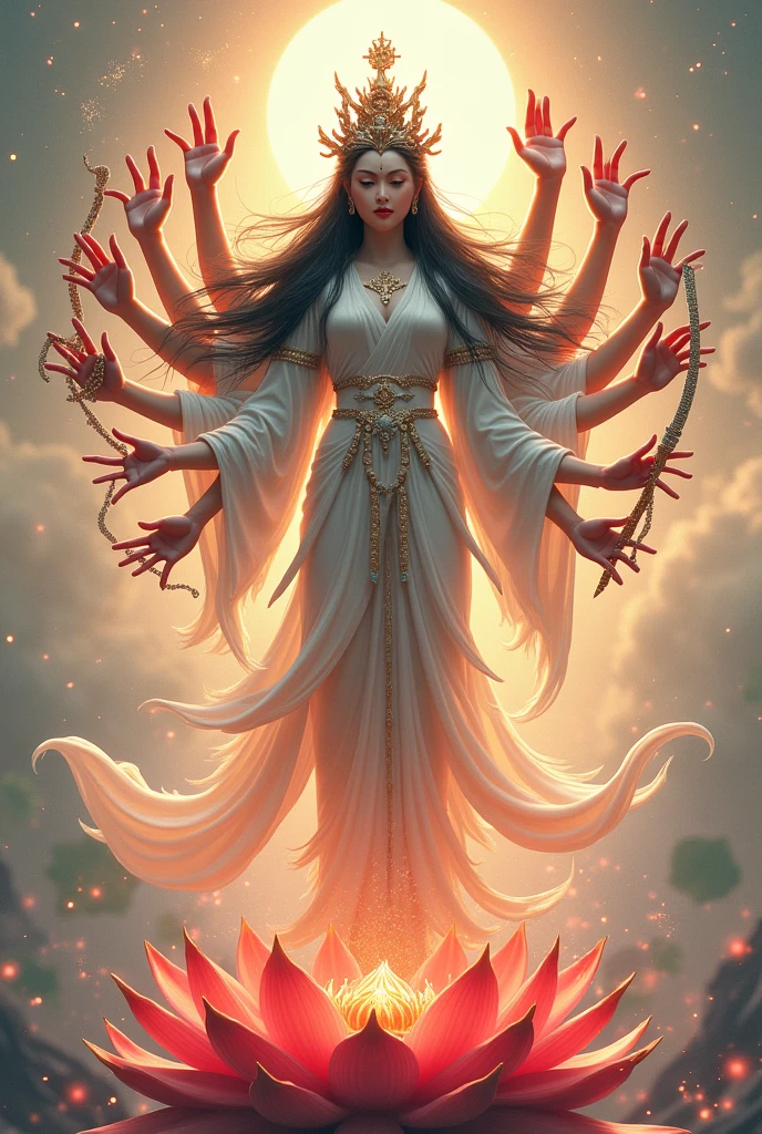 AI picture of a thousand hands thousand eyes feminine buddha figure with long black hair wearing in white outfit brighter background standing on a lotus flower and all hands holding different weapons and tools.
