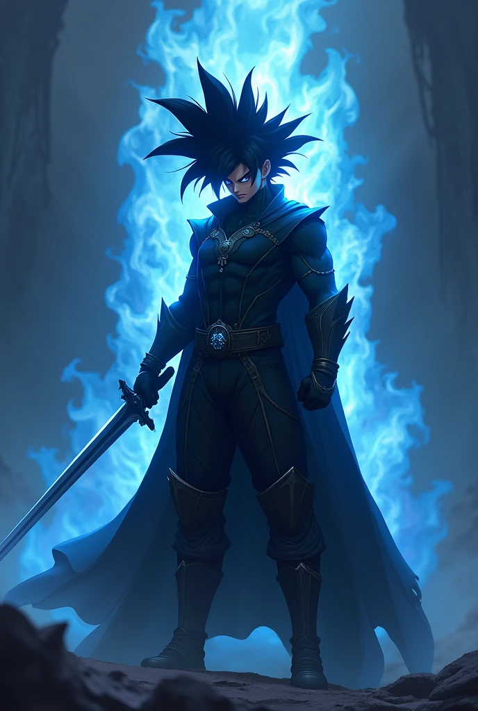 a man with blue flames on his head holding a sword, demon soul concept art, fortnite character, wild spiky black saiyan hair, lensflares, dullahan, very clear image, inspired by Ding Guanpeng, cloak covering face, ui, removed watermarks, malevolent entity, eboy, icon, he is wearing a black,