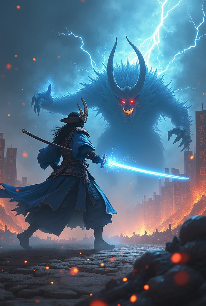 Create an epic scene featuring a legendary samurai from the Ryūgū era, engaged in a fierce battle against demonic creatures. The samurai, clad in ornate armor inspired by deep-sea motifs, wields a glowing katana that emits ethereal blue energy. Surrounding the samurai, demonic enemies emerge from swirling dark mists, their fiery eyes and sharp claws adding to the intensity of the fight. Incorporate dynamic FX elements like sparks flying from clashing swords, ghostly apparitions, and a powerful shockwave emanating from the samurai's strikes. The background should feature an ancient, mystical battlefield with glowing runes and a stormy sky illuminated by lightning, enhancing the otherworldly atmosphere